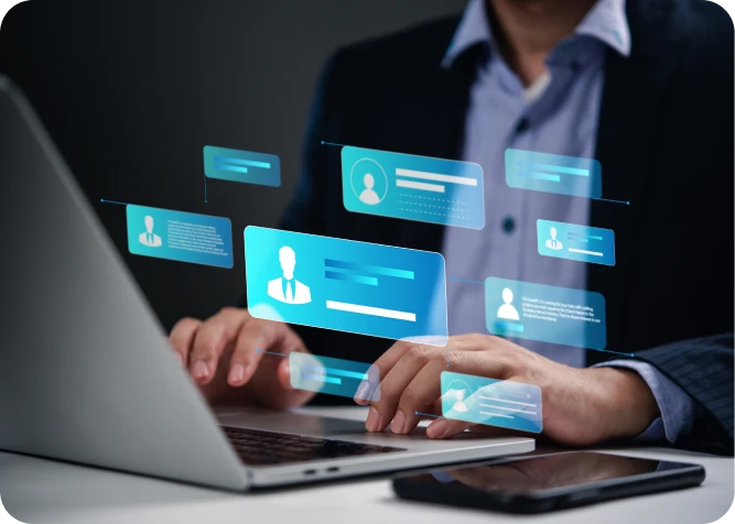 Person typing with digital data overlay